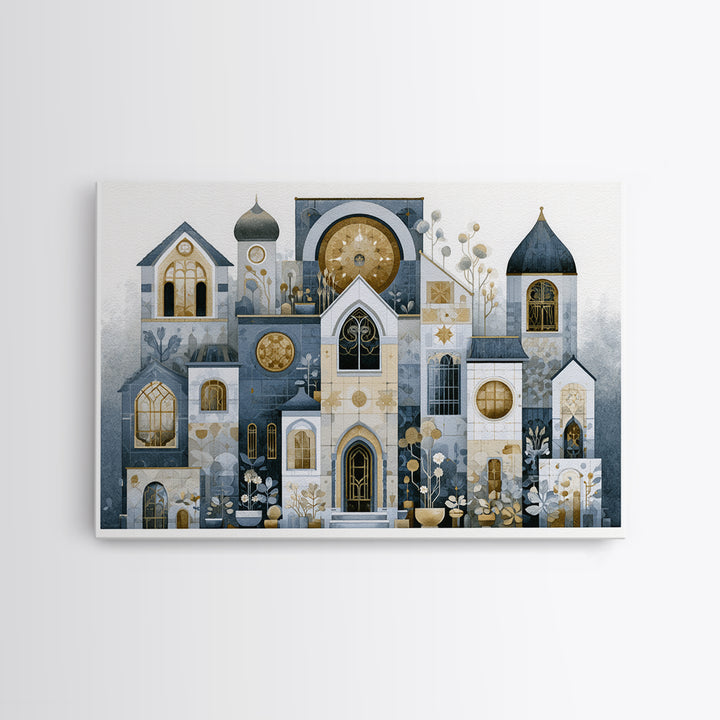Naive Cityscape with Patterned Windows Framed Canvas Print, Eclectic Art, Art Prints, Living Room Decor, Oil Painting, Eclectic, ECL-3x2-40