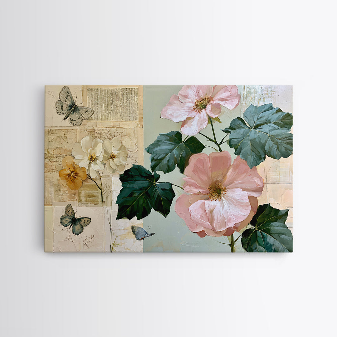 Botanical Collage with Butterflies and Old Paper Framed Canvas Print, Eclectic Art, Wall Decor, Living Room Decor, Eclectic, ECL-3x2-41