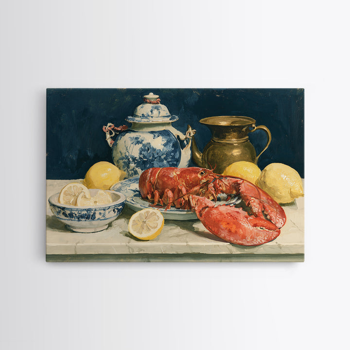 Unexpected Lobster and Lemons Still Life Framed Canvas Print, Eclectic Art, Neutral Decor, Living Room Decor, Eclectic, ECL-3x2-46