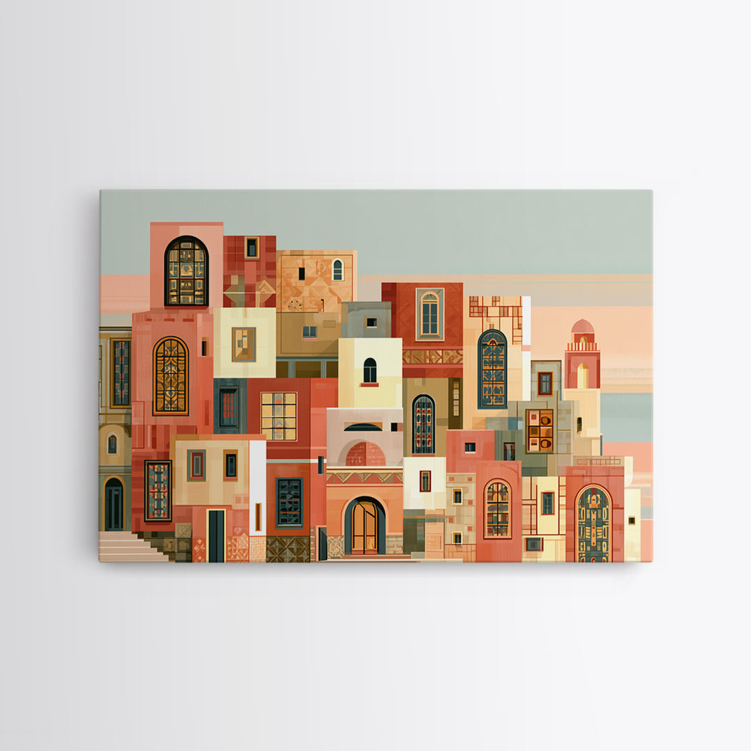 Naive Cityscape with Patterned Windows Framed Canvas Print, Eclectic Art, Original Art, Living Room Decor, Abstract Art, ECL-3x2-64