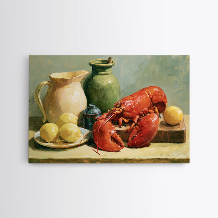 Unexpected Lobster and Lemons Still Life Framed Canvas Print, Eclectic Art, Neutral Decor, Living Room Decor, Eclectic, ECL-3x2-70