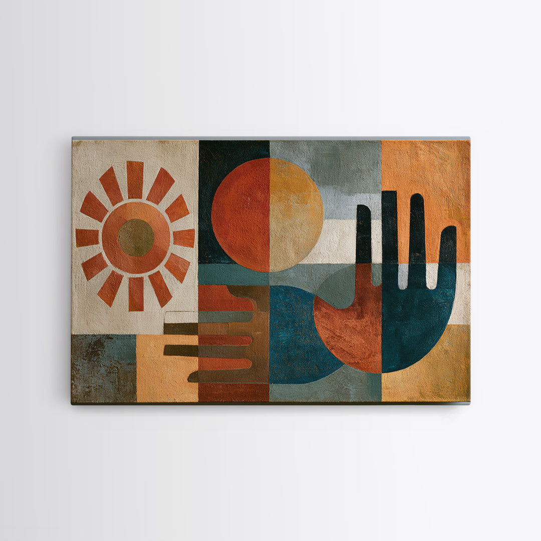 Geometric Sun and Hand Motif Framed Canvas Print, Eclectic Art, Minimalist Decor, Living Room Decor, Abstract Art, Eclectic, ECL-3x2-91