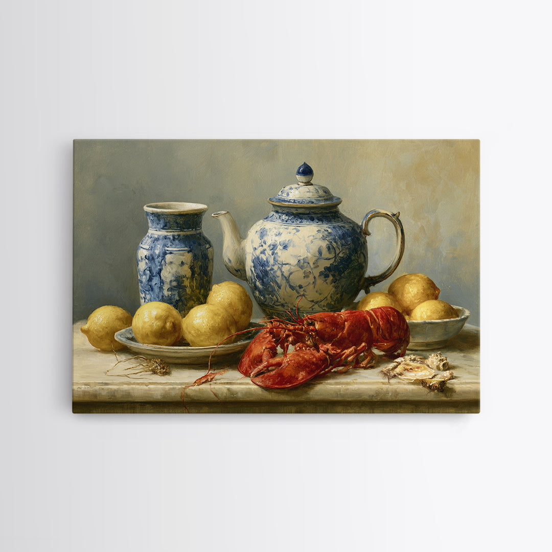 Unexpected Lobster and Lemons Still Life Canvas Print, Eclectic Art, Living Room Decor, Abstract Art, Eclectic, ECL-3x2-94