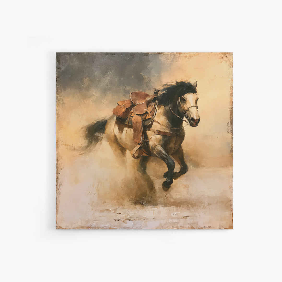 Galloping Horse in Golden Dust and Sunlight Canvas Print, Equestrian Art, Gallery Wall Art, Living Room Decor, Equestrian, EQU-1x1-1