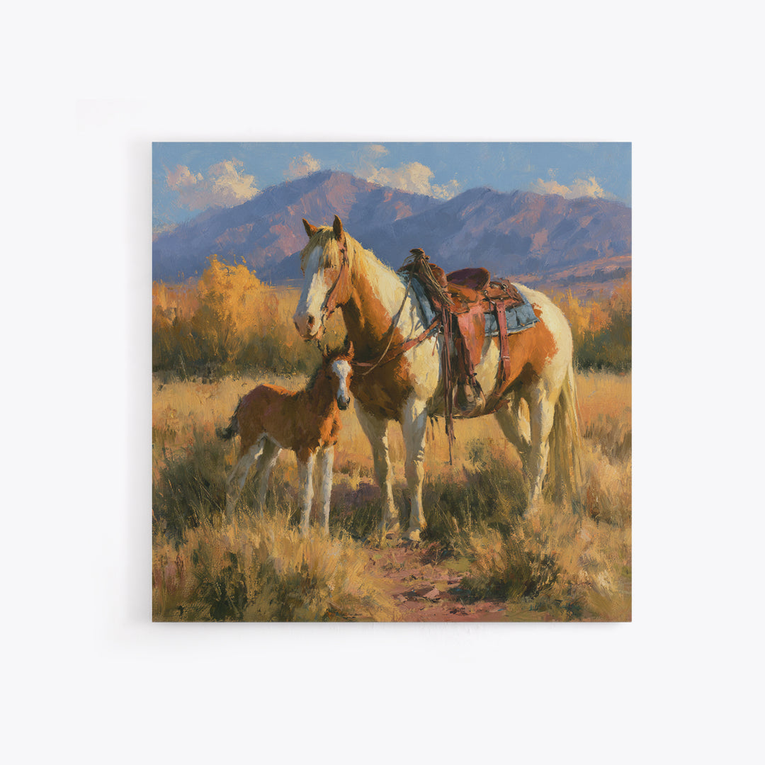 Horse and Foal Framed Canvas Print, Equestrian Art, Wall Decor, Living Room Decor, Oil Painting, Equestrian, Unique Wall Art, EQU-1x1-12
