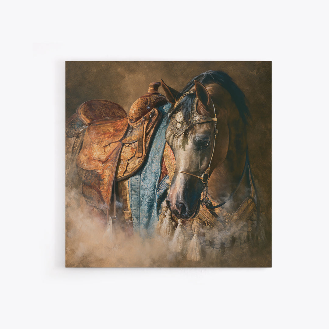 Arabian Horse with Ornate Tack and Silk Canvas Print, Equestrian Art, Living Room Decor, Oil Painting, Equestrian, EQU-1x1-15