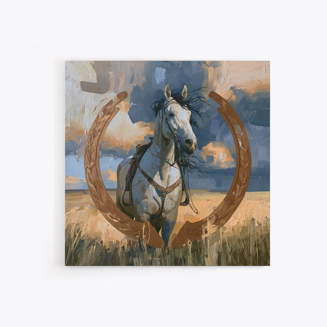 Equestrian Crest with Laurel and Horseshoe Canvas Print, Equestrian Art, Western Decor, Living Room Decor, Oil Painting, EQU-1x1-22