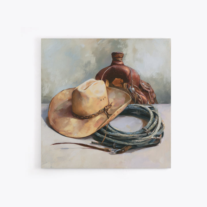 Cowgirl Hat and Reins Still Life Canvas Print, Equestrian Art, Western Decor, Living Room Decor, Fine Art, Equestrian, EQU-1x1-35