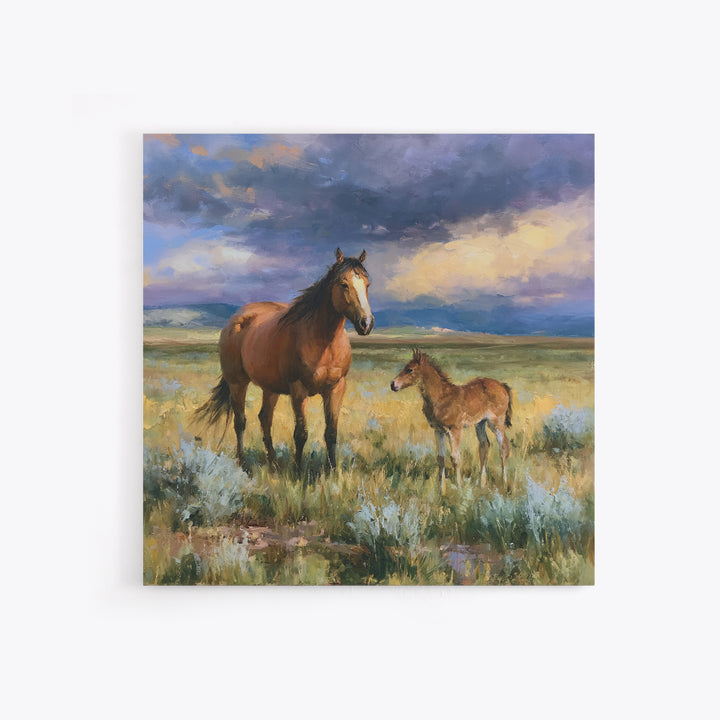 Horse and Foal Canvas Print, Equestrian Art, Digital Print, Living Room Decor, Equestrian, Moody Wall Art, Green Wall Art, EQU-1x1-36