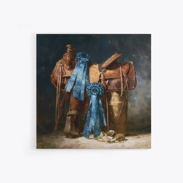 Blue Ribbon and Saddle Competition Still Life Canvas Print, Equestrian Art, Gallery Decor, Living Room Decor, Equestrian, EQU-1x1-41