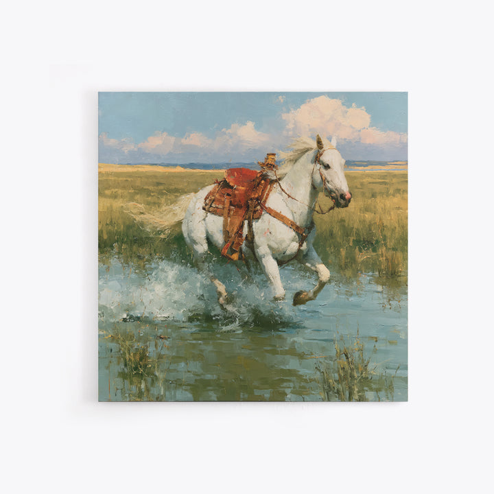 White Horse Running Through Shallow Water Canvas Print, Equestrian Art, Retro Poster, Living Room Decor, Fine Art, Equestrian, EQU-1x1-5