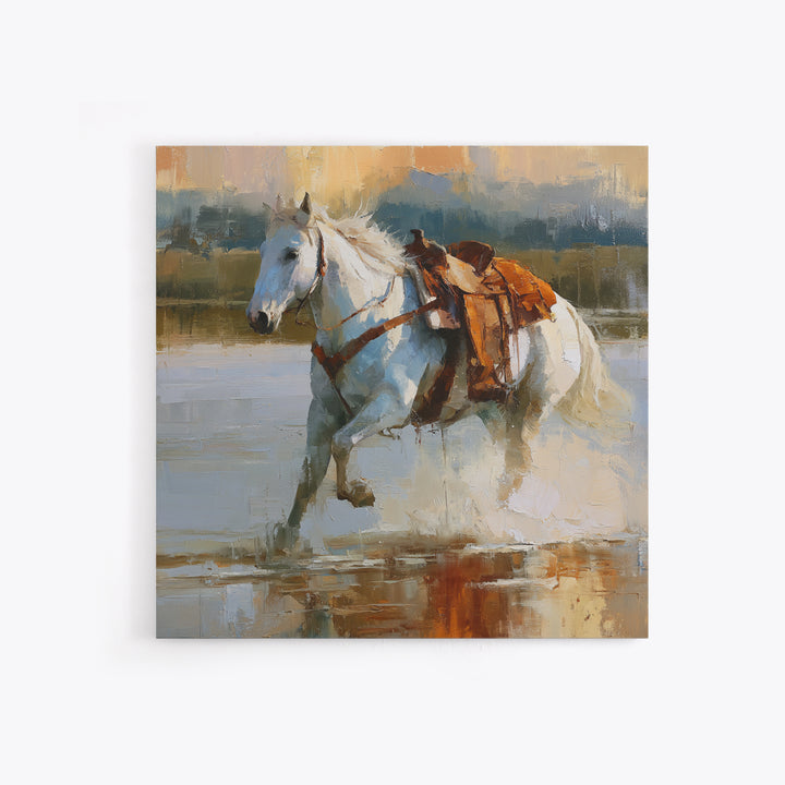 White Horse Running Through Shallow Water Framed Canvas Print, Equestrian Art, Fine Art Print, Living Room Decor, Equestrian, EQU-1x1-53