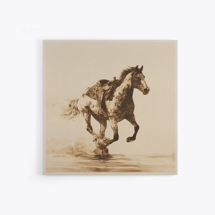 Minimal Horse Contour Drawing on Cream Paper Canvas Print, Equestrian Art, Antique Oil Painting, Living Room Decor, Equestrian, EQU-1x1-61