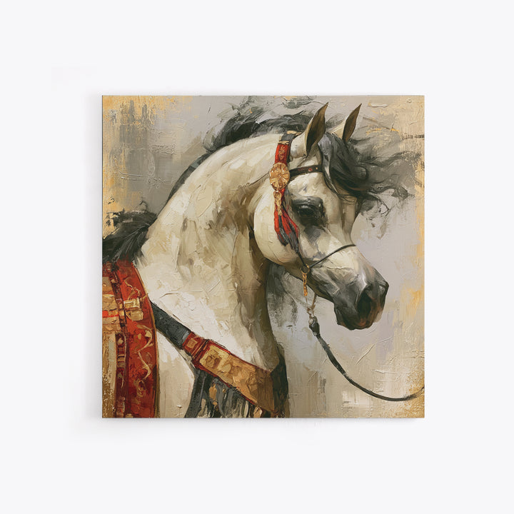 Arabian Horse with Ornate Tack and Silk Canvas Print, Equestrian Art, Antique Oil Painting, Living Room Decor, Equestrian, EQU-1x1-63