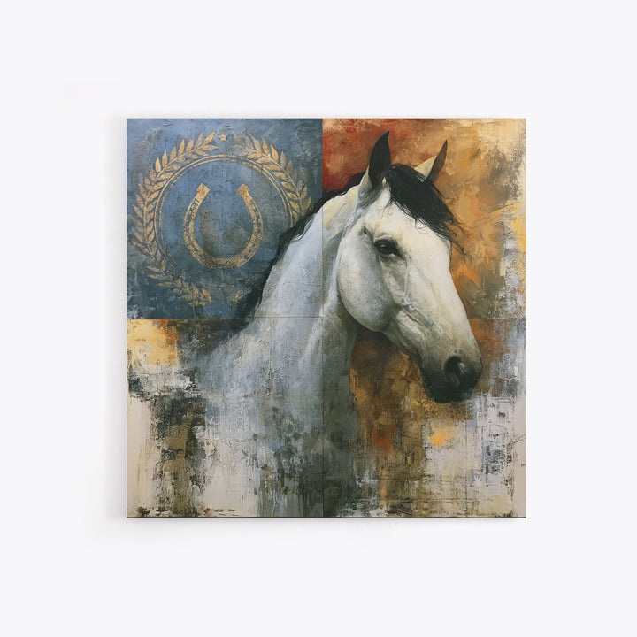 Equestrian Crest with Laurel and Horseshoe Canvas Print, Equestrian Art, Western Wall Art, Living Room Decor, Equestrian, EQU-1x1-70