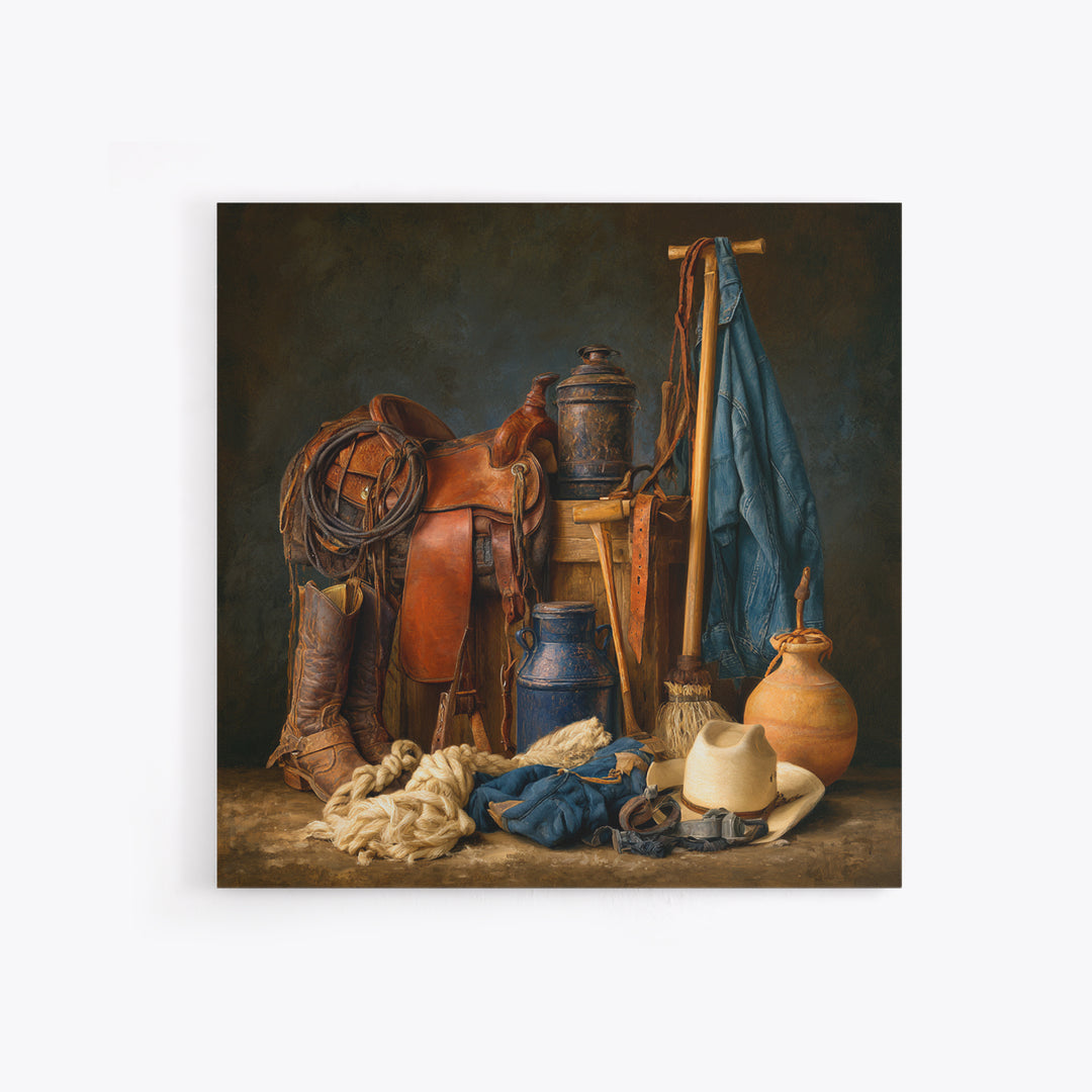 Stable Tools Arranged Like Old Master Still Framed Canvas Print, Equestrian Art, Gallery Wall, Living Room Decor, Equestrian, EQU-1x1-71