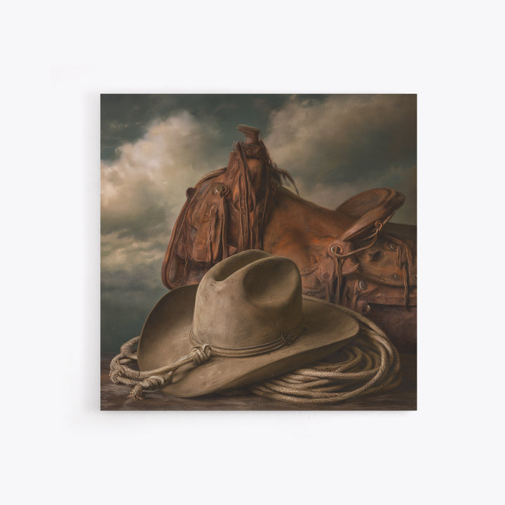 Cowgirl Hat and Reins Still Life Framed Canvas Print, Equestrian Art, Statement Artwork, Living Room Decor, Equestrian, EQU-1x1-83