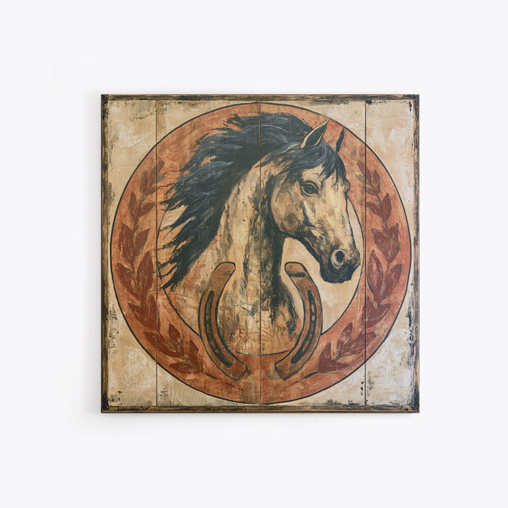 Equestrian Crest with Laurel and Horseshoe Canvas Print, Equestrian Art, Western Art, Living Room Decor, Fine Art, Equestrian, EQU-1x1-94