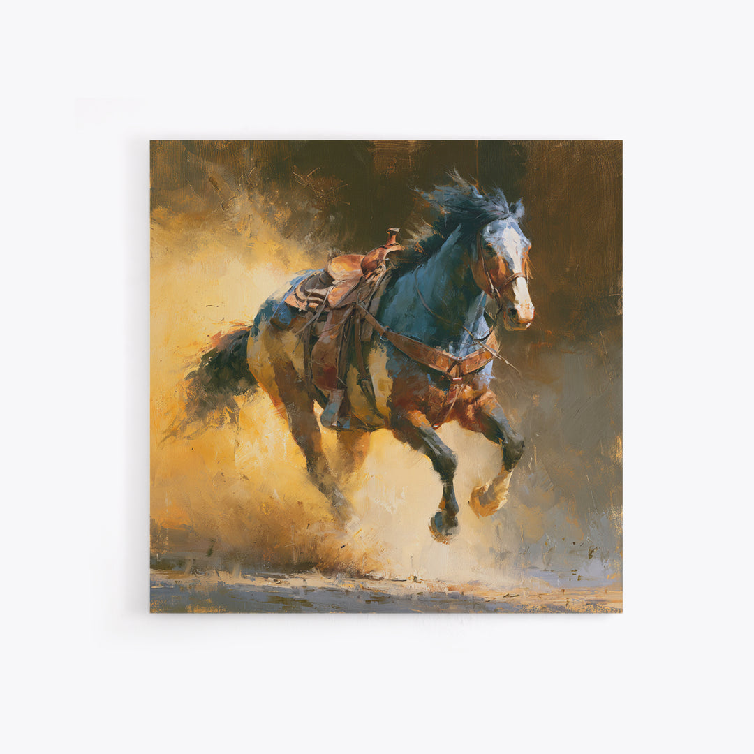 Galloping Horse in Golden Dust and Sunlight Canvas Print, Equestrian Art, Wall Art, Living Room Decor, Oil Painting, Equestrian, EQU-1x1-97
