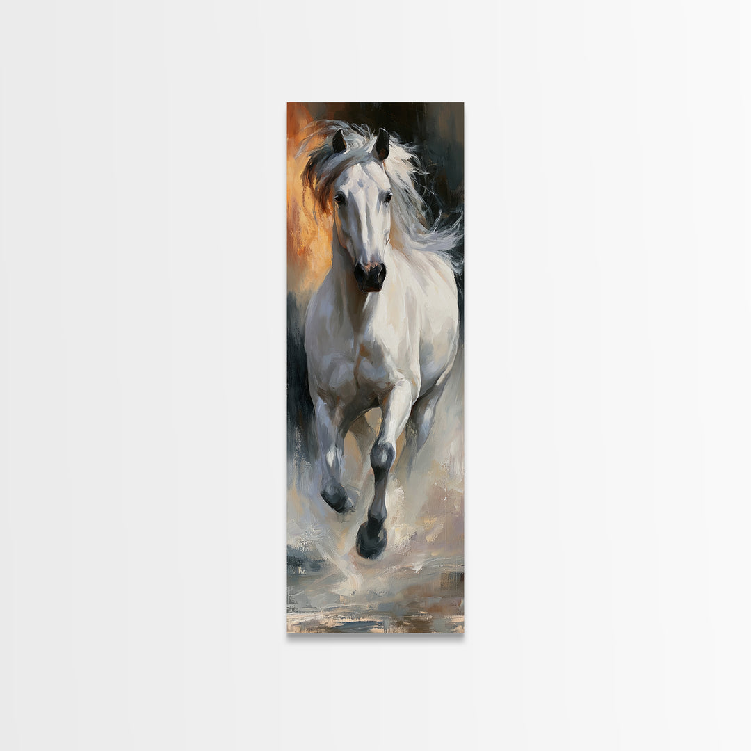 White Horse Running Through Shallow Water Canvas Print, Equestrian Art, Room Decor, Living Room Decor, Fine Art, Equestrian, EQU-1x3-17