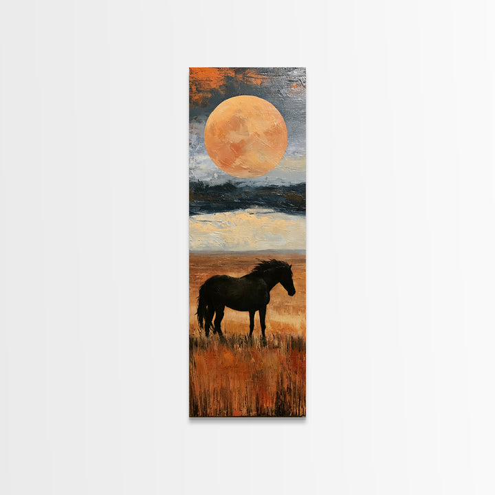 Horse Silhouette under a Huge Western Moon Framed Canvas Print, Equestrian Art, Living Room Decor, Oil Painting, Equestrian, EQU-1x3-76
