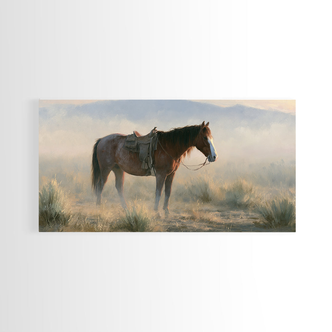 Horse in Misty Pasture with Peaceful Mood Canvas Print, Equestrian Art, Statement Artwork, Living Room Decor, Equestrian, EQU-2x1-20
