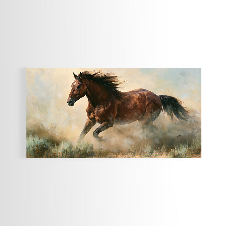 Galloping Horse in Golden Dust and Sunlight Canvas Print, Equestrian Art, Wall Art, Living Room Decor, Oil Painting, Equestrian, EQU-2x1-21