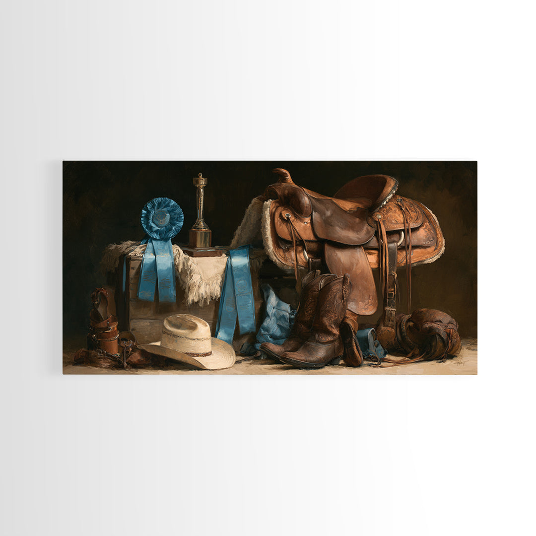 Blue Ribbon and Saddle Competition Still Life Canvas Print, Equestrian Art, Minimalist Decor, Living Room Decor, Equestrian, EQU-2x1-37