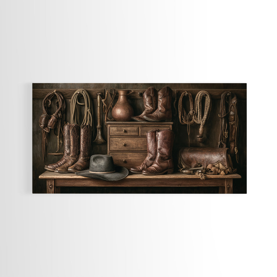 Stable Tools Arranged Like Old Master Still Framed Canvas Print, Equestrian Art, Retro Poster, Living Room Decor, Equestrian, EQU-2x1-67