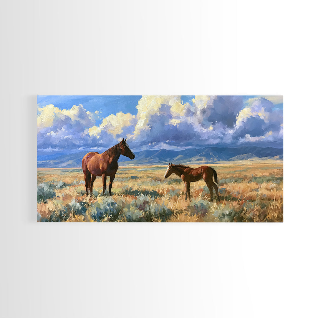 Horse and Foal Framed Canvas Print, Equestrian Art, Modern Wall Art, Living Room Decor, Oil Painting, Equestrian, Western Art, EQU-2x1-80