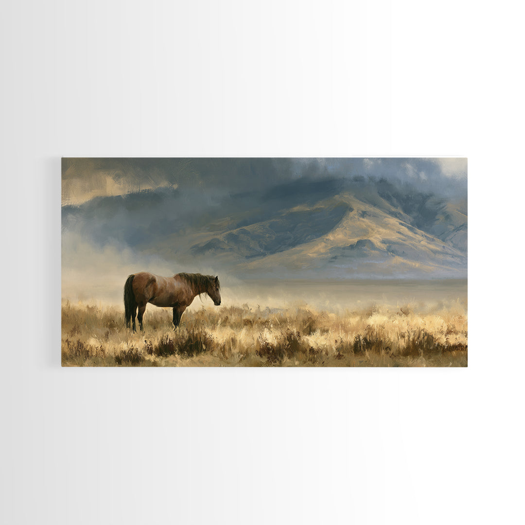 Horse in Misty Pasture with Peaceful Mood Canvas Print, Equestrian Art, Boho Wall Art, Living Room Decor, Equestrian, EQU-2x1-92
