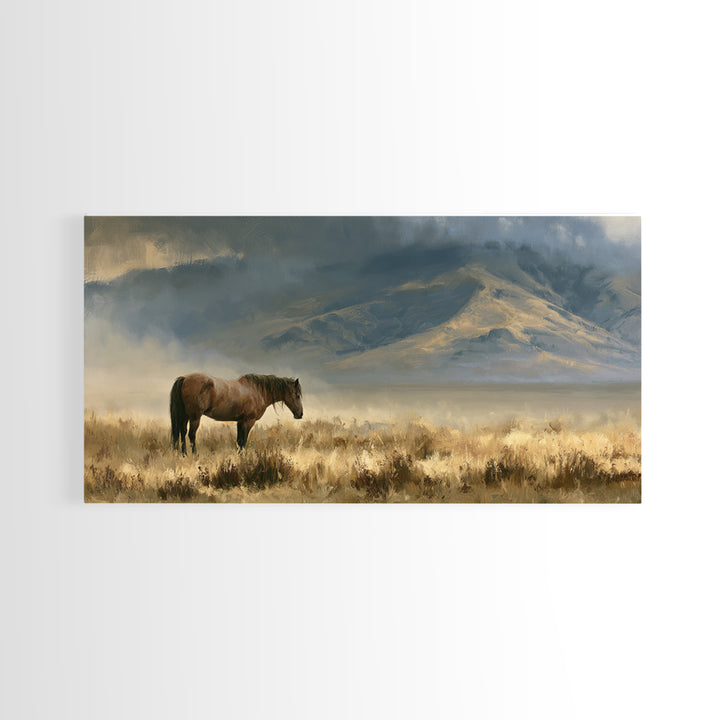 Horse in Misty Pasture with Peaceful Mood Canvas Print, Equestrian Art, Boho Wall Art, Living Room Decor, Equestrian, EQU-2x1-92