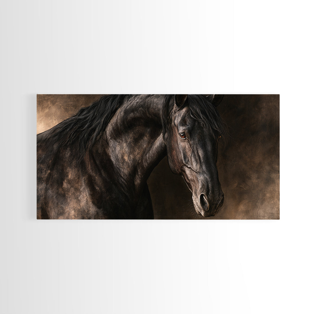 Black Horse Portrait on Deep Charcoal Background Canvas Print, Equestrian Art, Wall Decor, Living Room Decor, Equestrian, EQU-2x1-94