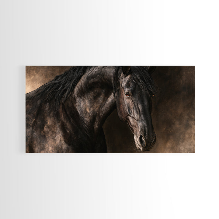 Black Horse Portrait on Deep Charcoal Background Canvas Print, Equestrian Art, Wall Decor, Living Room Decor, Equestrian, EQU-2x1-94