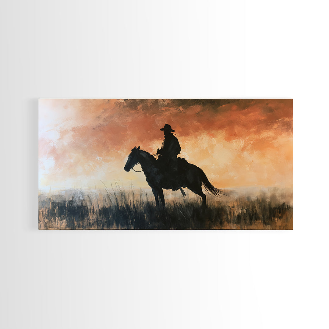 Equestrian Rider Silhouette at Sunrise Framed Canvas Print, Equestrian Art, Western Art, Living Room Decor, Equestrian, EQU-2x1-95