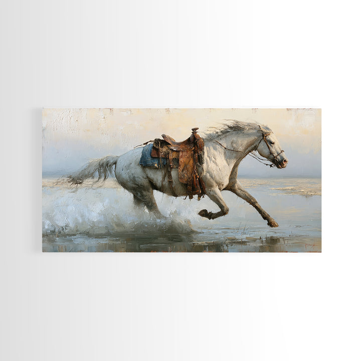 White Horse Running Through Shallow Water Framed Canvas Print, Equestrian Art, Living Room Decor, Fine Art, Equestrian, EQU-2x1-97