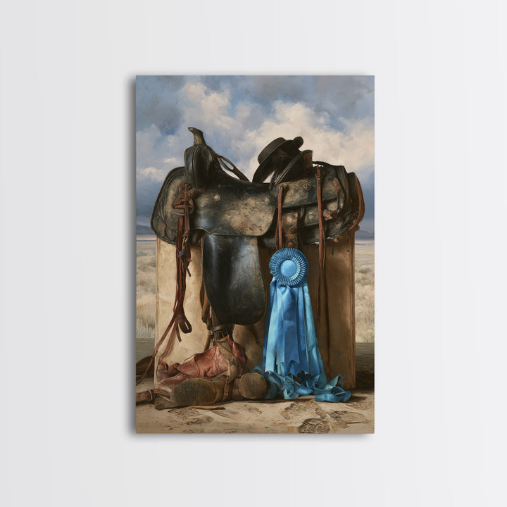 Blue Ribbon and Saddle Competition Still Life Framed Canvas Print, Equestrian Art, Wall Art, Living Room Decor, Equestrian, EQU-2x3-1