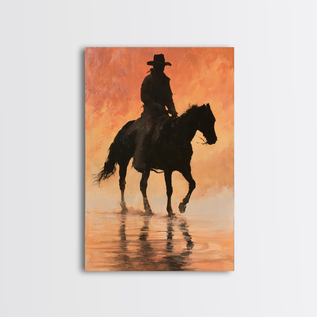 Equestrian Rider Silhouette at Sunrise Canvas Print, Equestrian Art, Antique Oil Painting, Living Room Decor, Abstract Art, EQU-2x3-11
