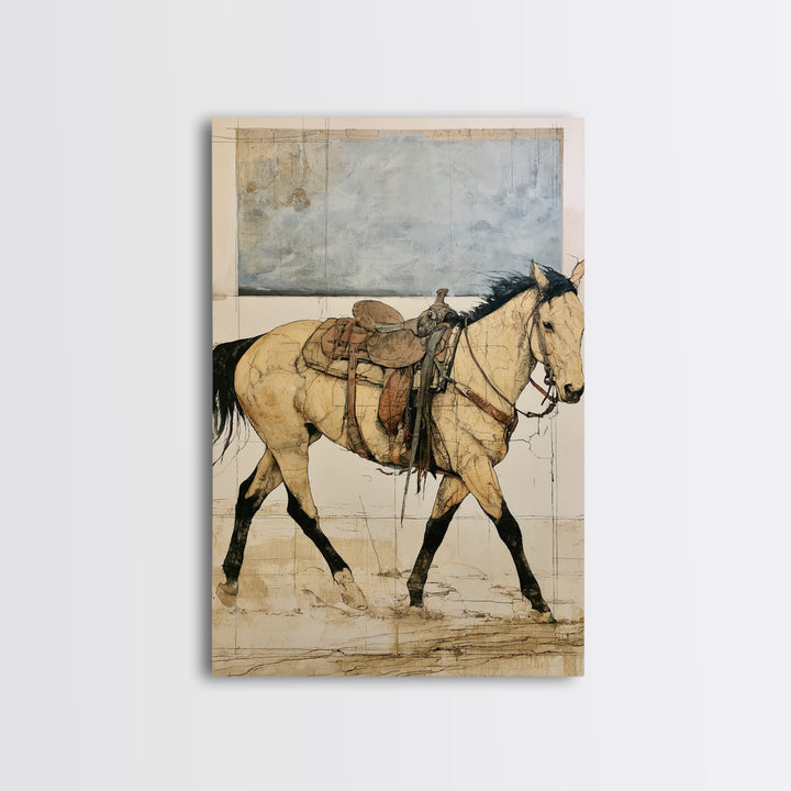 Minimal Horse Contour Drawing on Cream Paper Canvas Print, Equestrian Art, Oil Painting, Living Room Decor, Equestrian, EQU-2x3-45