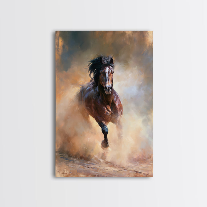 Galloping Horse in Golden Dust and Sunlight Canvas Print, Equestrian Art, Boho Wall Art, Living Room Decor, Oil Painting, EQU-2x3-57