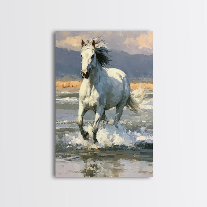 White Horse Running Through Shallow Water Canvas Print, Equestrian Art, Digital Print, Living Room Decor, Fine Art, Equestrian, EQU-2x3-61