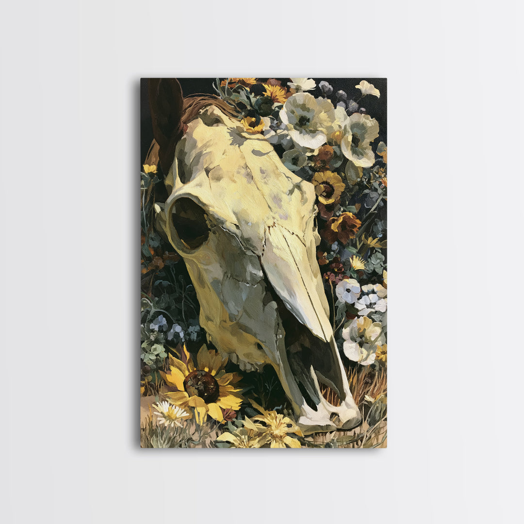 Horse Skull with Desert Flowers in Western Canvas Print, Equestrian Art, Living Room Decor, Equestrian, Farmhouse Wall Art, EQU-2x3-77