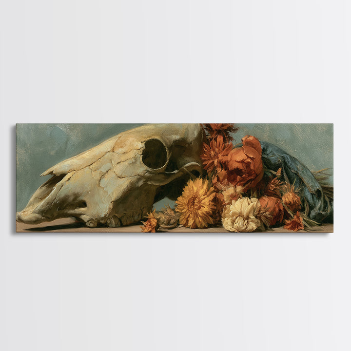 Horse Skull with Desert Flowers in Western Canvas Print, Equestrian Art, Modern Wall Art, Living Room Decor, Equestrian, EQU-3x1-37