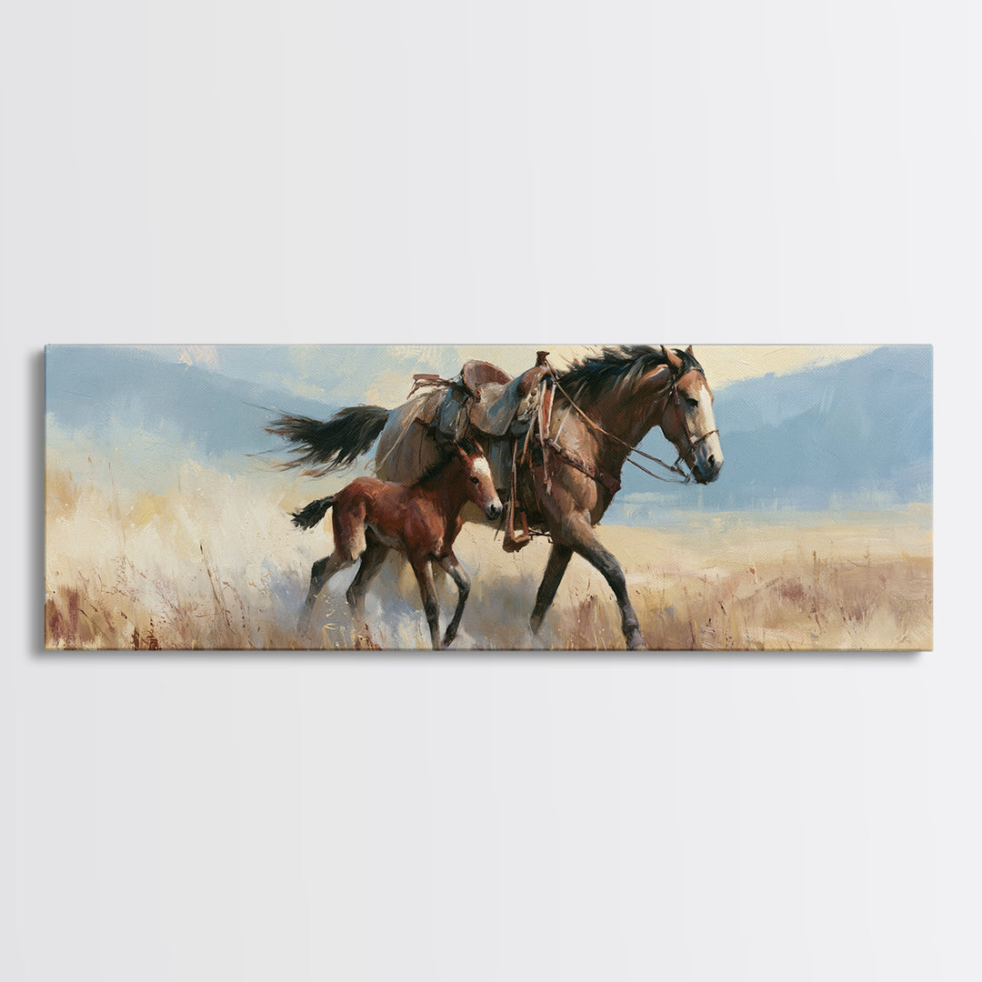 Horse and Foal Canvas Print, Equestrian Art, Green Wall Art, Living Room Decor, Fine Art, Equestrian, Statement Artwork, EQU-3x1-4