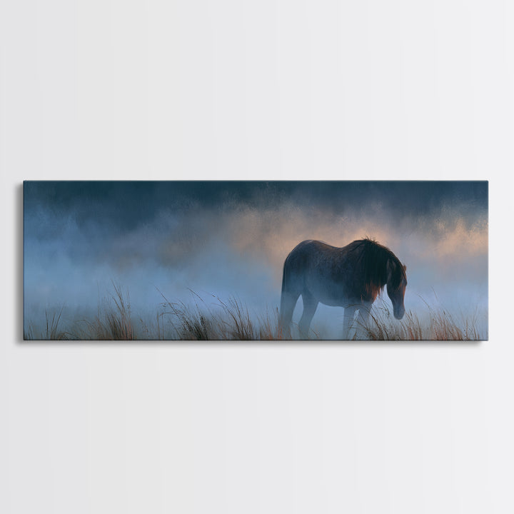 Horse in Misty Pasture with Peaceful Mood Canvas Print, Equestrian Art, Gallery Decor, Living Room Decor, Fine Art, Equestrian, EQU-3x1-40