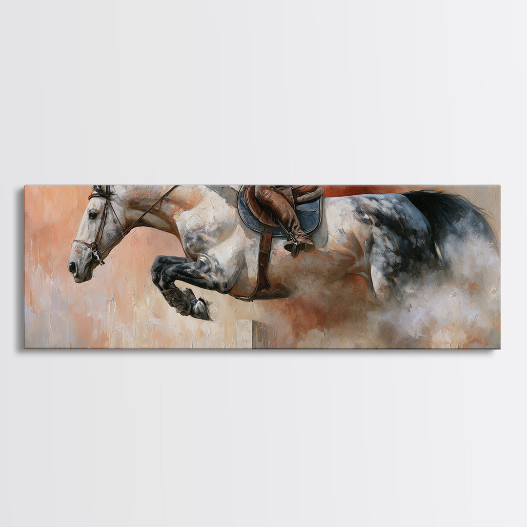 Show Jumping Horse Mid Leap Framed Canvas Print, Equestrian Art, Wall Decor, Living Room Decor, Oil Painting, Equestrian, EQU-3x1-47