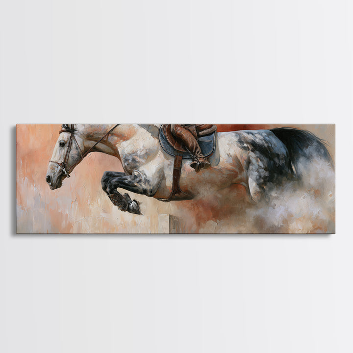 Show Jumping Horse Mid Leap Framed Canvas Print, Equestrian Art, Wall Decor, Living Room Decor, Oil Painting, Equestrian, EQU-3x1-47