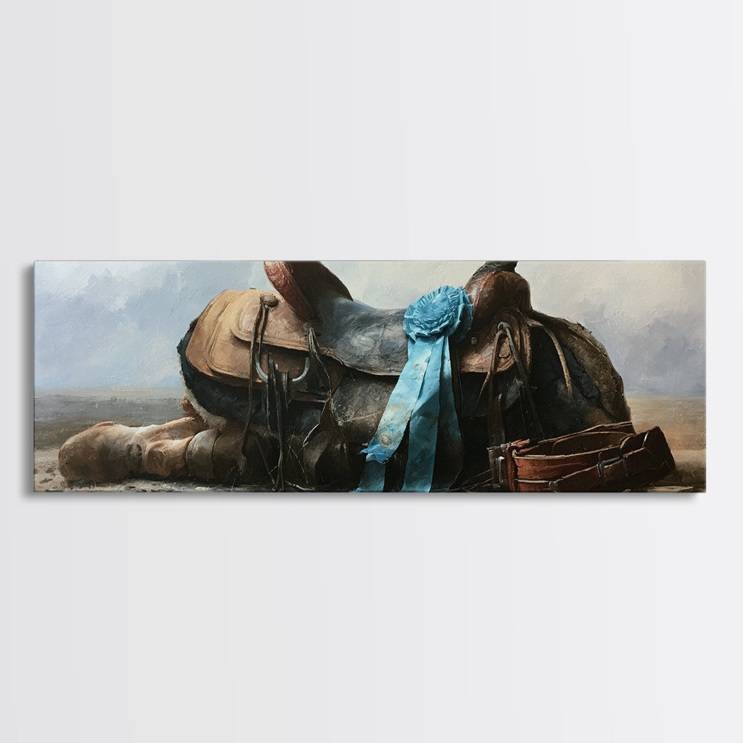 Blue Ribbon and Saddle Competition Still Life Canvas Print, Equestrian Art, Moody Wall Art, Living Room Decor, Equestrian, EQU-3x1-57