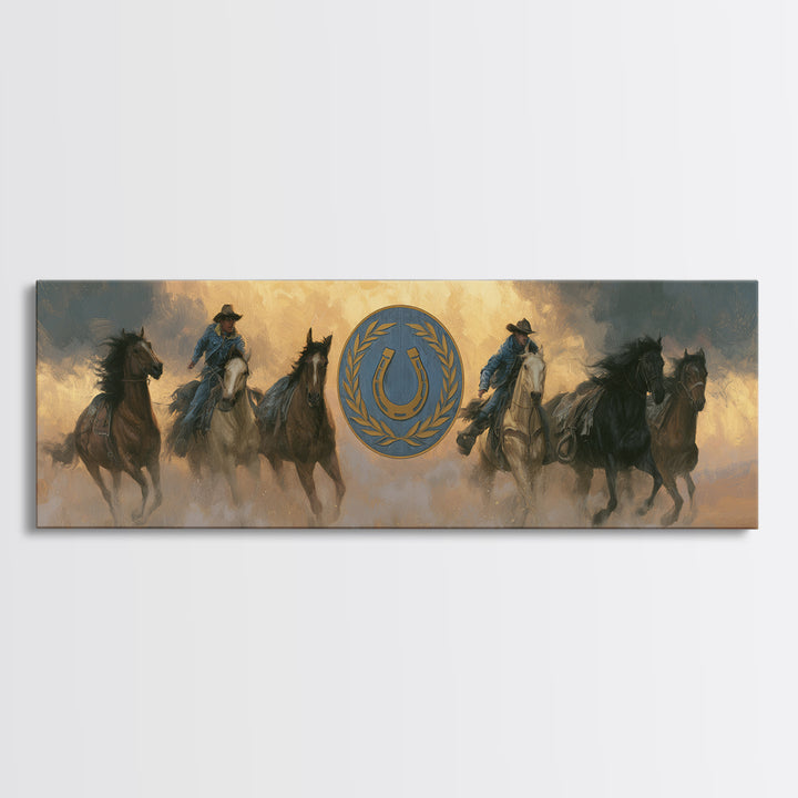 Equestrian Crest with Laurel and Horseshoe Canvas Print, Equestrian Art, Gallery Decor, Living Room Decor, Oil Painting, EQU-3x1-62