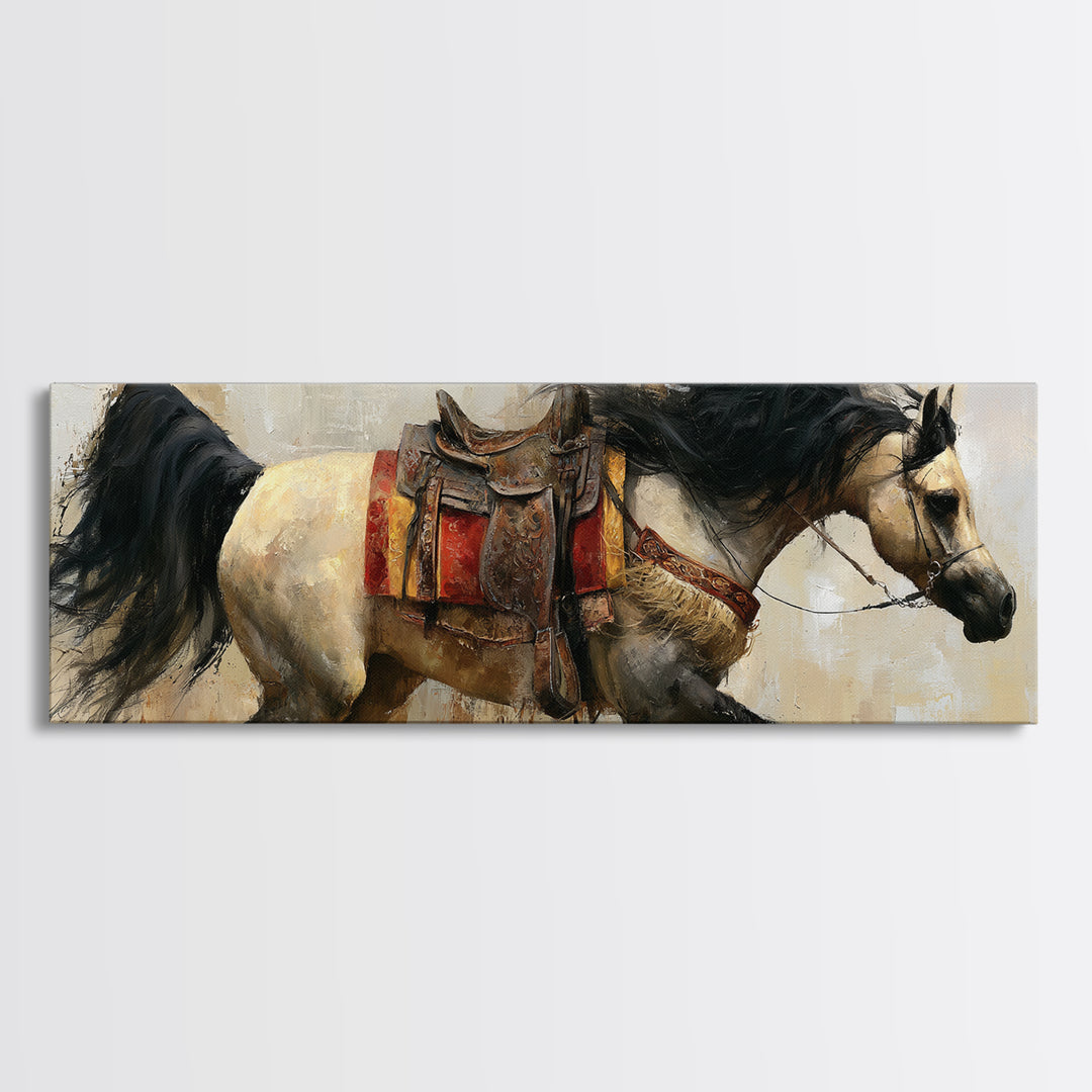 Arabian Horse with Ornate Tack and Silk Framed Canvas Print, Equestrian Art, Neutral Decor, Living Room Decor, Equestrian, EQU-3x1-7